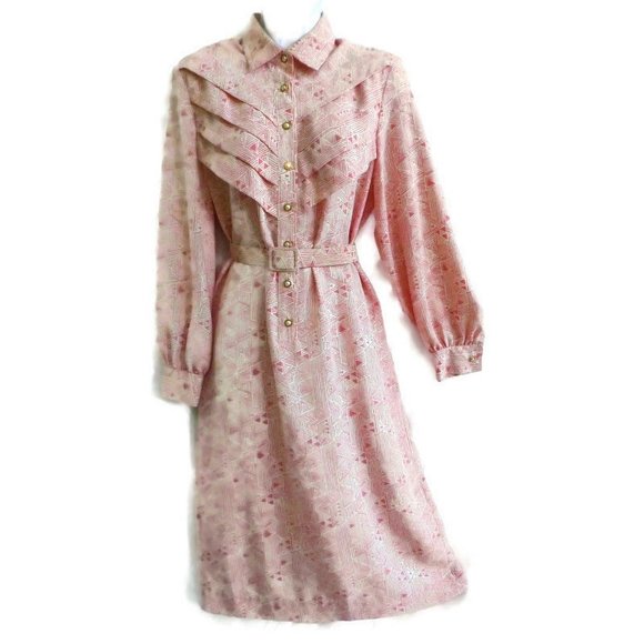 Vintage 70s 80s Dress Secretary Day Pockets Geometric Pink Pearlized Buttons L - Picture 3 of 15